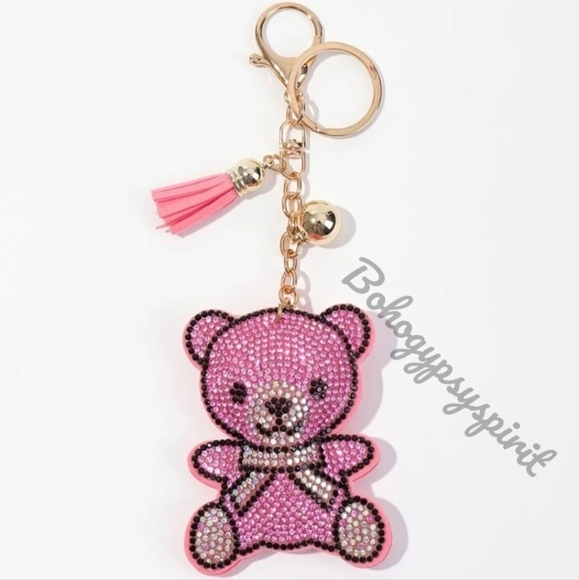 Bling Teddy Bear Crystal Rhinestone Keychain Bag Charm With Pink Tassel - Picture 10 of 12